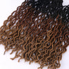 A close-up of dark brown and black faux loc crochet hair extensions showing a curly ombre texture.