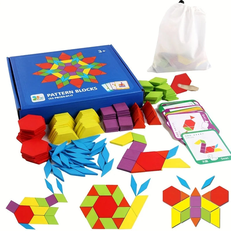 155-Piece Wooden Jigsaw Puzzle Set for Kids – Colorful Montessori Geometric Shapes Learning Toy