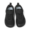 A pair of black minimalist barefoot sneakers for kids shown from the top view.
