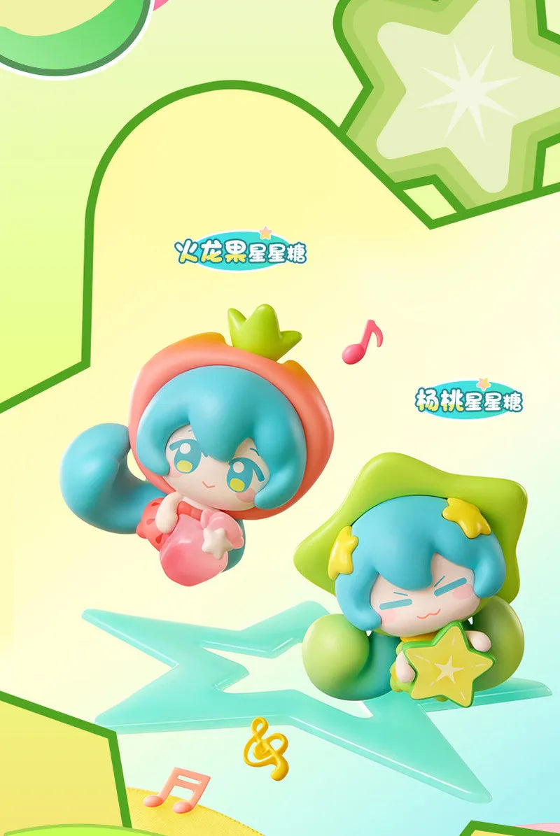 A blind box figure of Hatsune Miku in a fruit candy theme, featuring light blue hair and pink accents.
