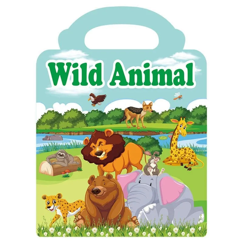 A colorful illustration of various wild animals like a lion, tiger, elephant, and deer on a green background.