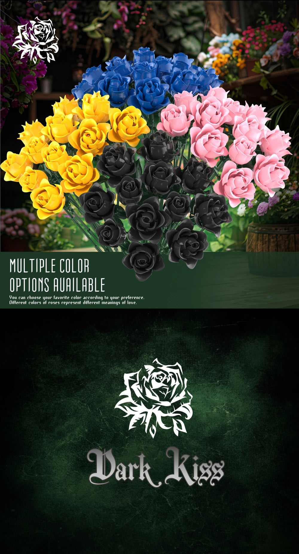 A bouquet of roses in multiple colors including yellow, blue, and pink, presented on a dark green background.