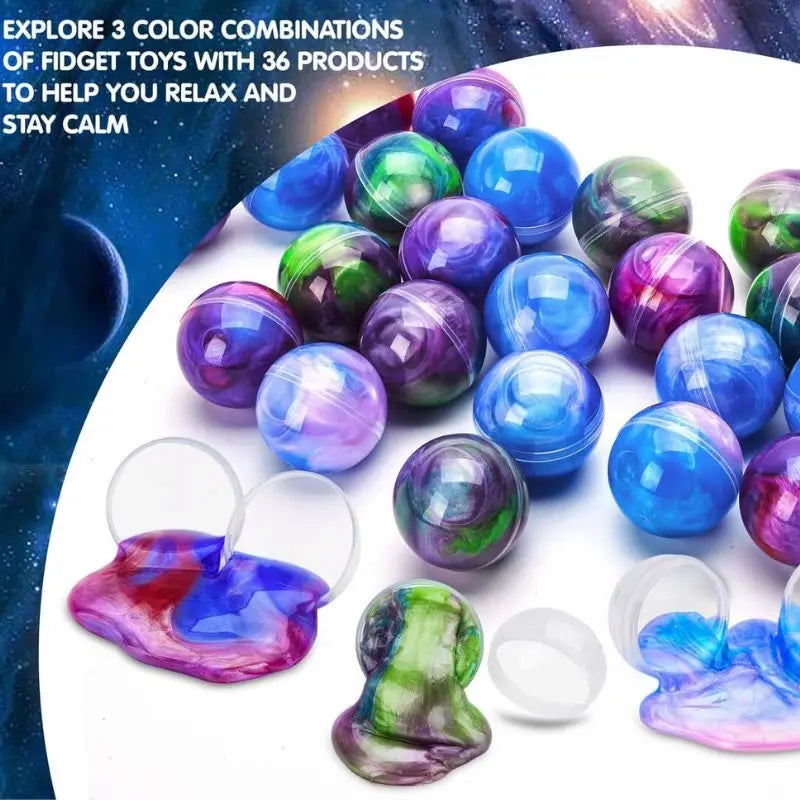 A collection of iridescent, colorful slime balls in various shades of blue, purple, and green are displayed on a white surfac