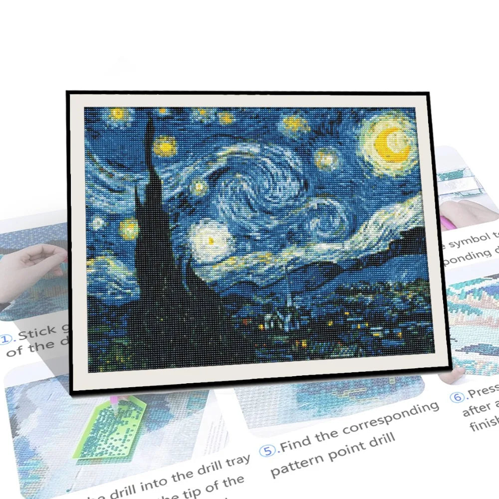A diamond painting kit featuring a starry night landscape inspired by Van Gogh's Starry Night.