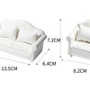 White 1:12 scale mini sofa and pillow set for dollhouse with dimensions shown.
