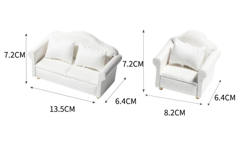 White 1:12 scale mini sofa and pillow set for dollhouse with dimensions shown.
