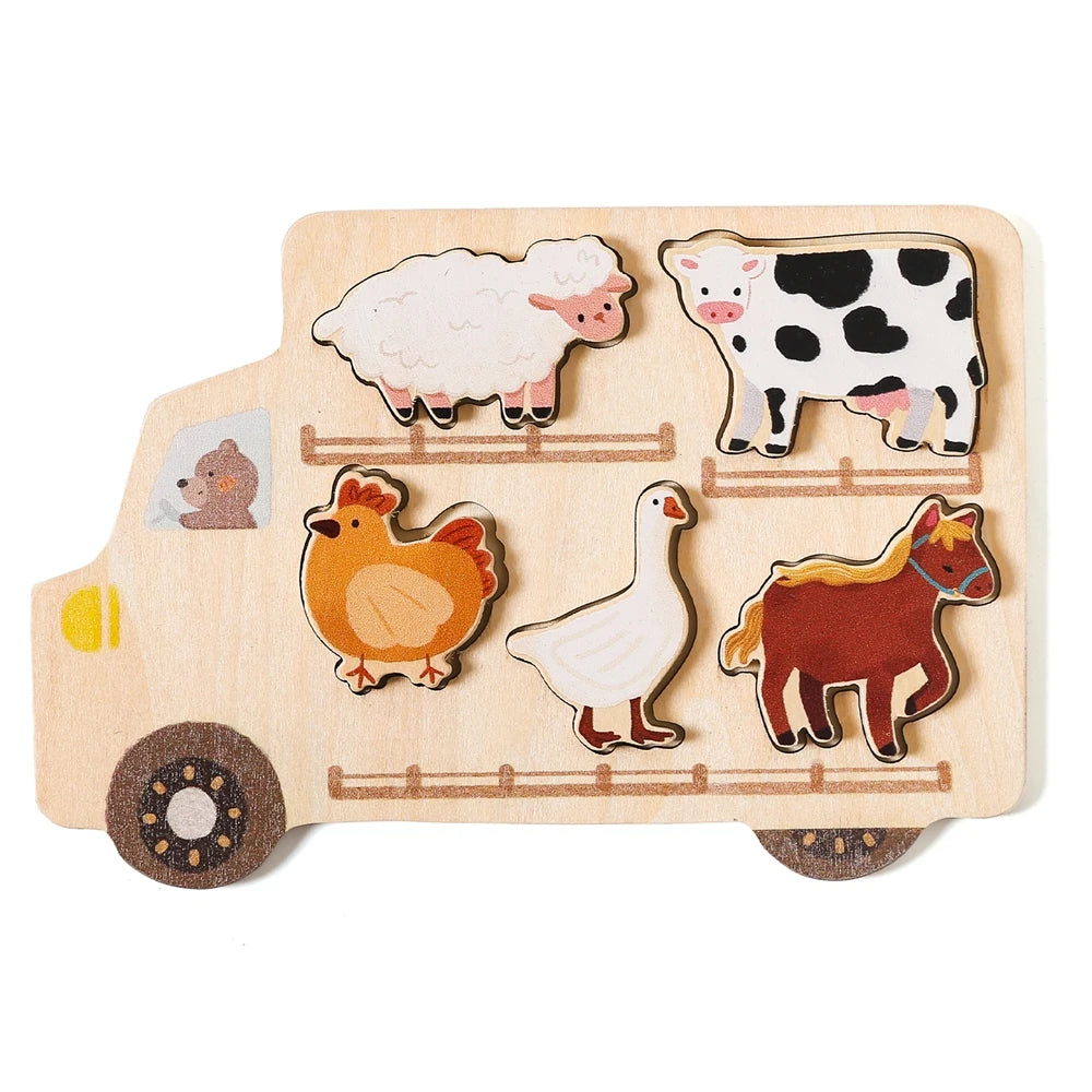 A wooden shape sorting puzzle featuring farm animals like a sheep, cow, and chicken on a vehicle shape.