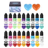 A set of vibrant candle dye pigment colors including heart-shaped samples and various glass bottles.