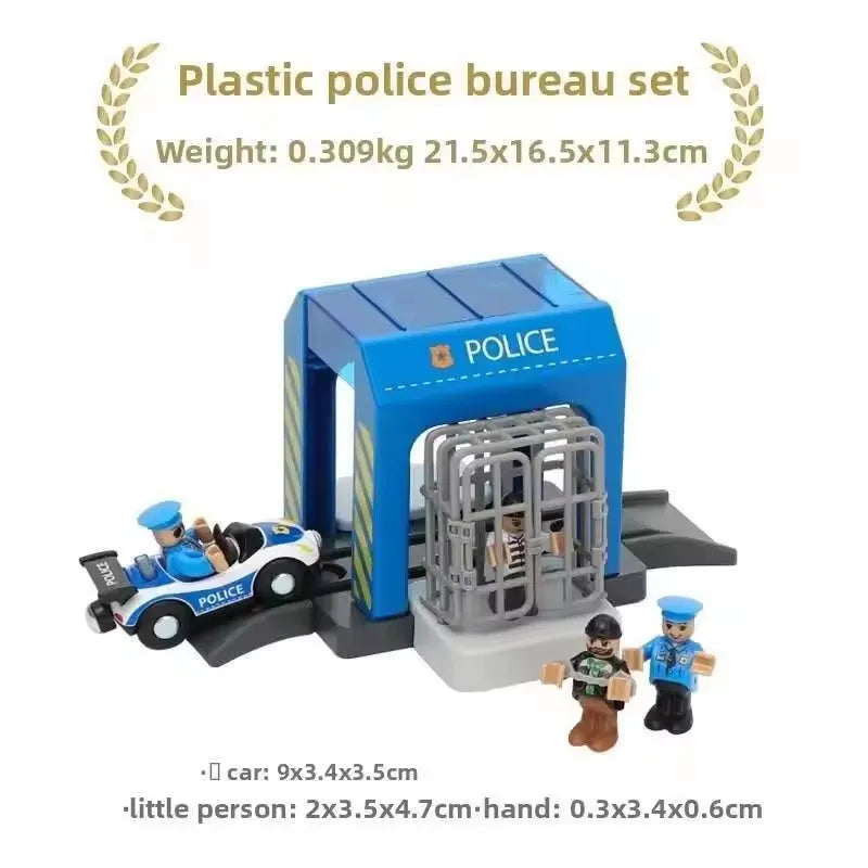 Blue plastic police bureau set with a car and little person figures for railway play