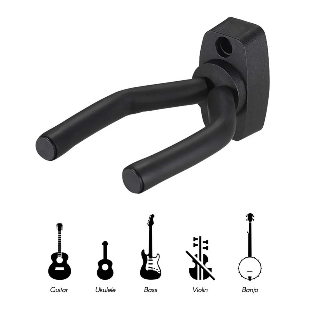 Black wall mount guitar hanger with a curved holder for various stringed instruments