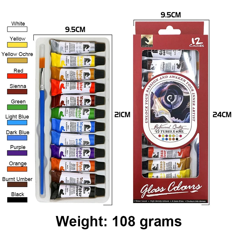 A set of 12 glass acrylic paints in various colors including yellow, red, green, and black, packaged for DIY art projects.