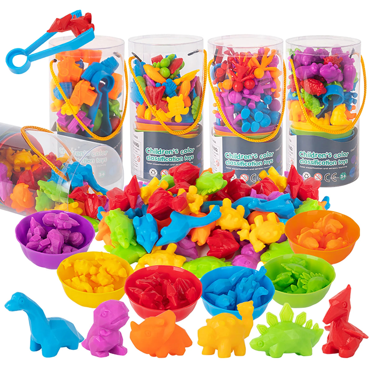 A colorful set of counting animal toys and sorting bowls for early math and color learning.