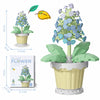 A set of building block flower bouquets featuring blue and purple flowers in green leaves, shown with size measurements.