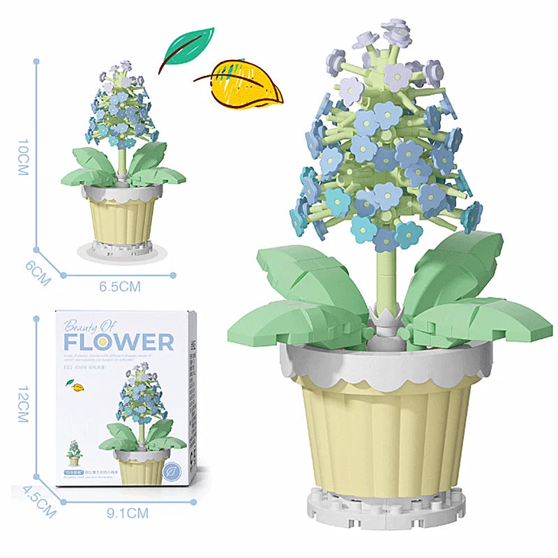 A set of building block flower bouquets featuring blue and purple flowers in green leaves, shown with size measurements.