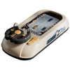 A beige kids interactive steering wheel driving toy with a clear plastic track and various vehicle models.