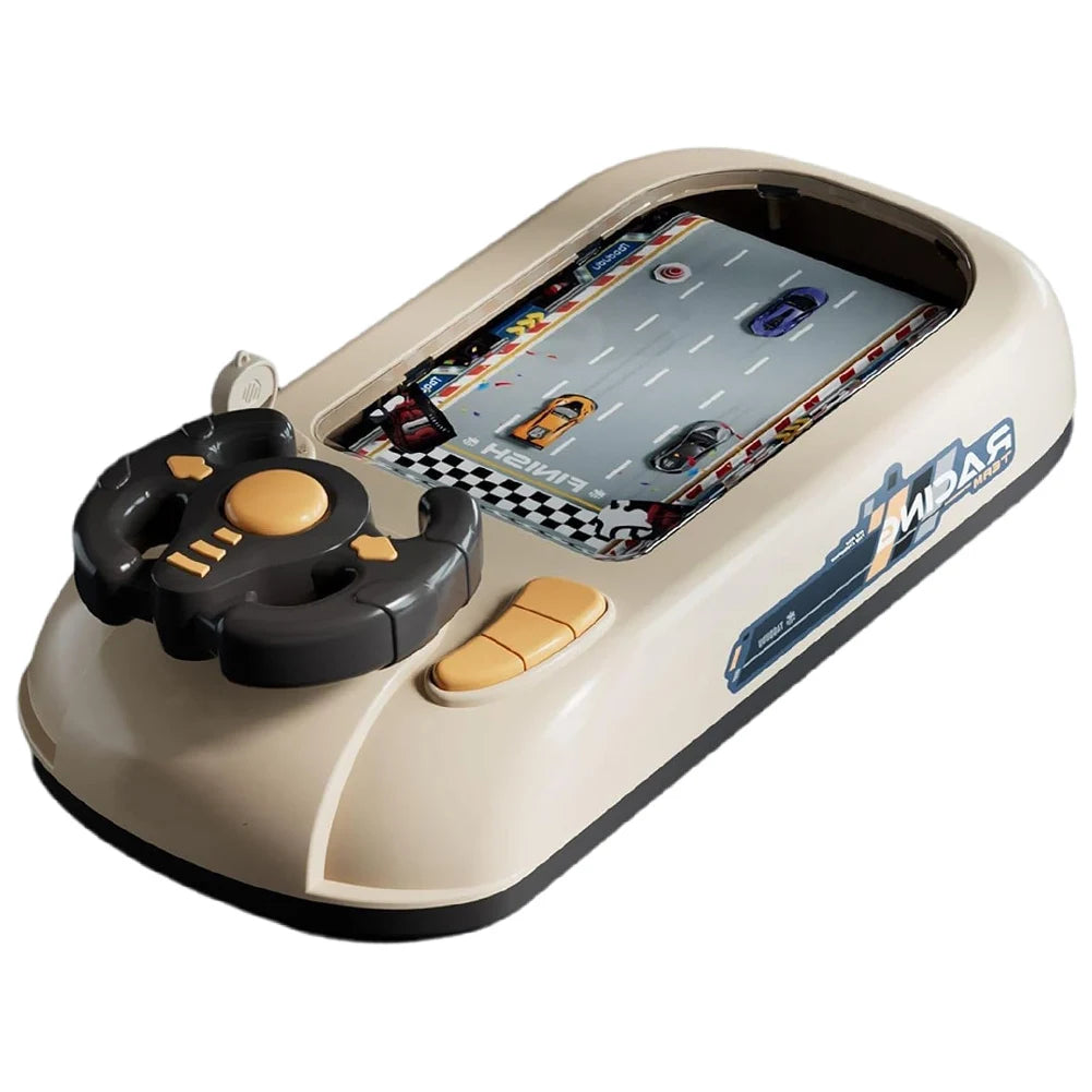 A beige kids interactive steering wheel driving toy with a clear plastic track and various vehicle models.