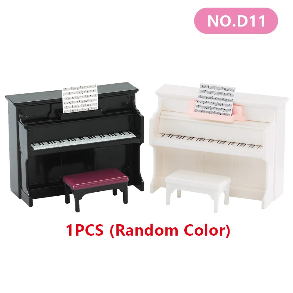 A black miniature piano with a matching bench and a white miniature piano with a matching stool.