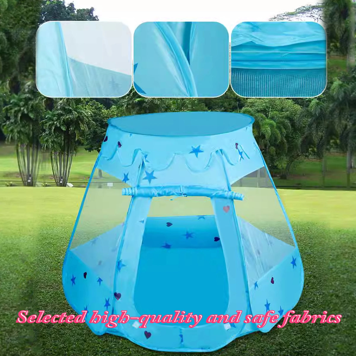 Light blue foldable play tent for kids used as an indoor or outdoor fort