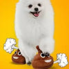 A fluffy white dog plush toy shaped like a poop with visible fart sound effects.