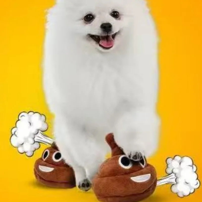 A fluffy white dog plush toy shaped like a poop with visible fart sound effects.