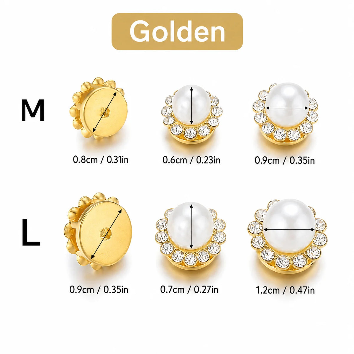 Gold and silver rhinestone pearl beads for jewelry making and DIY crafts shown in medium and large sizes