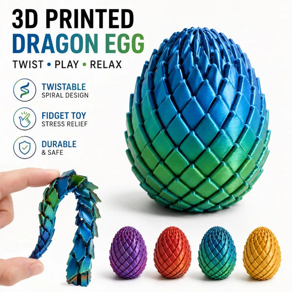 A blue dragon egg fidget toy with a twistable spiral design and several colored versions displayed.