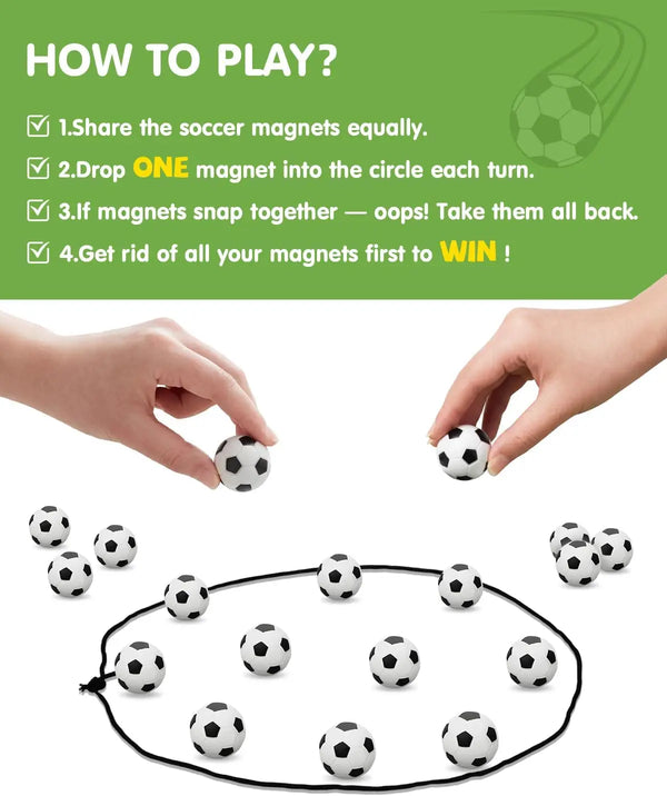 Instructions for playing a magnetic football game showing how to drop magnets into a circle