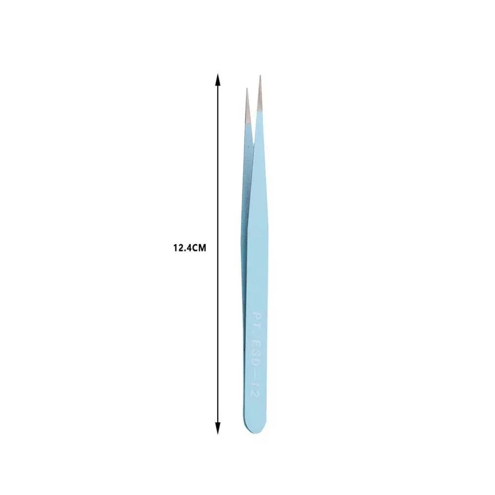 A pair of light blue precision stainless steel tweezers shown vertically.