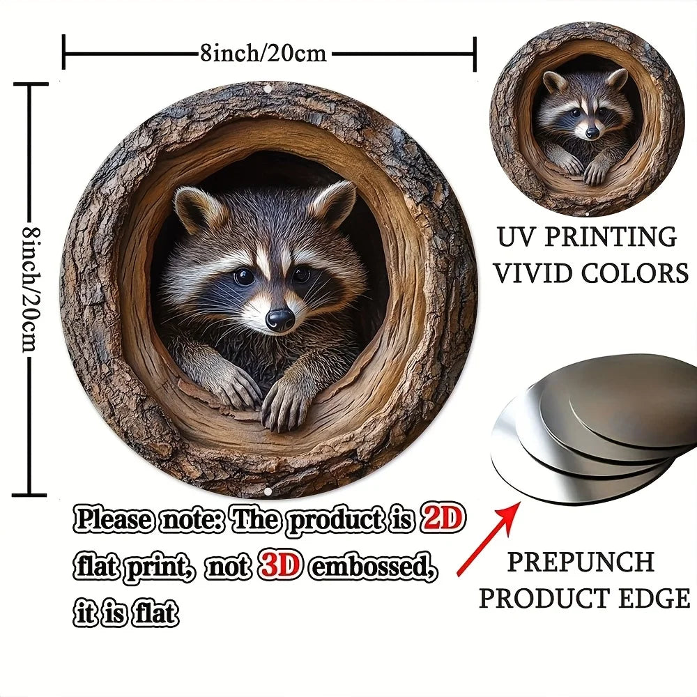 A round aluminum wall art sign featuring a raccoon peering out of a tree hole design.