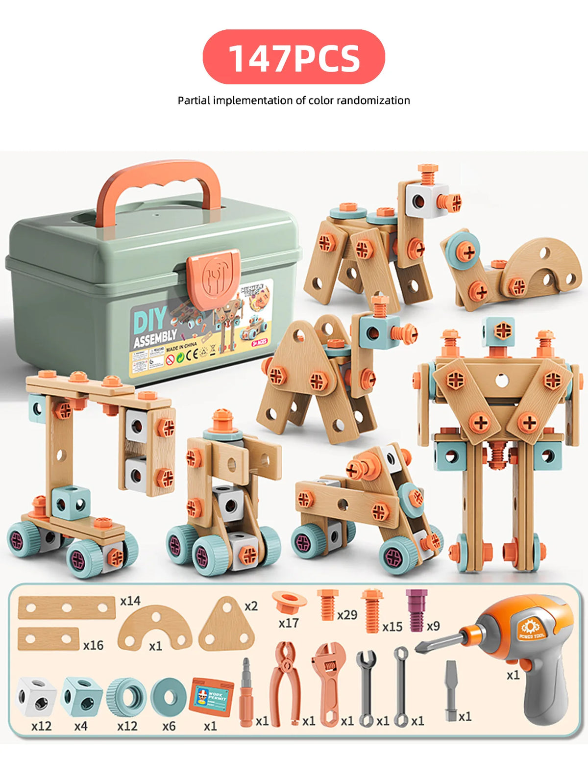 A DIY assembly kit for children featuring wooden tools and parts for a toy drill set.