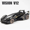 A black Vision V12 diecast model car with gold accents and wheels, shown from the side.
