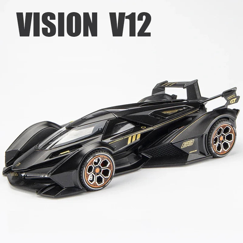 A black Vision V12 diecast model car with gold accents and wheels, shown from the side.