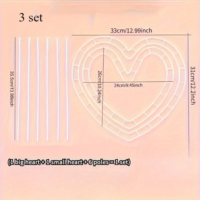 A set of heart-shaped flower holders for DIY bouquets, including one big heart, one small heart, and six poles.
