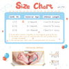 Size chart showing measurements for baby shoes and a diagram illustrating how to measure a baby's foot length