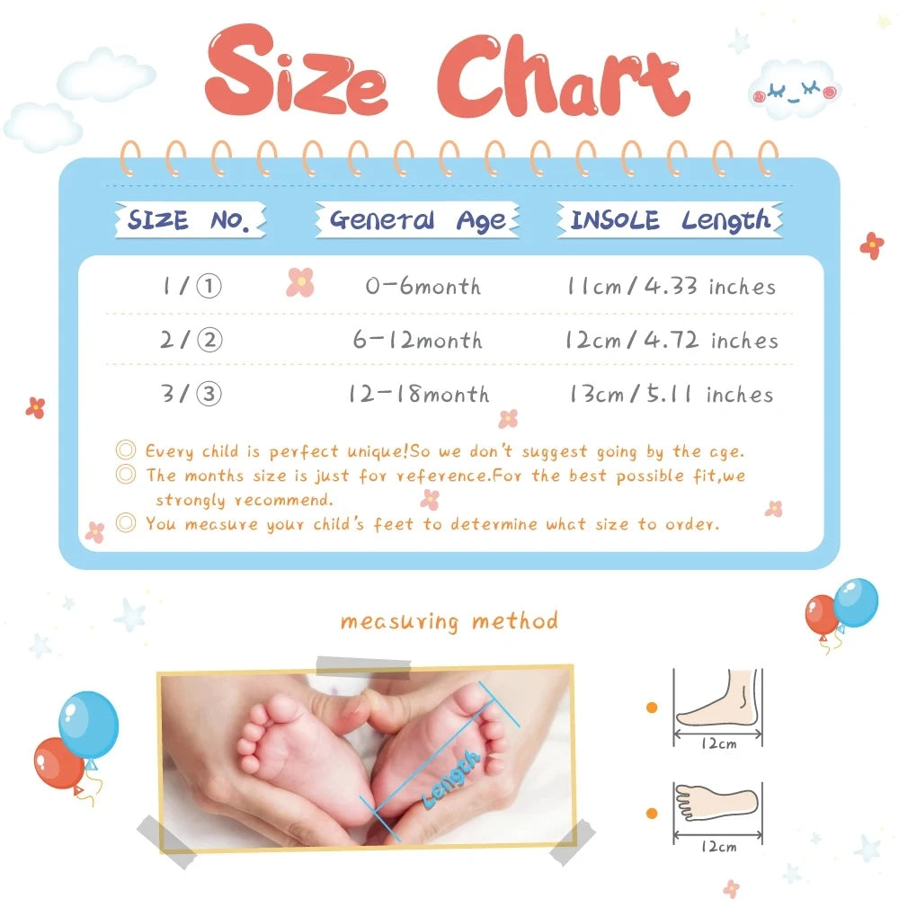 Size chart showing measurements for baby shoes and a diagram illustrating how to measure a baby's foot length