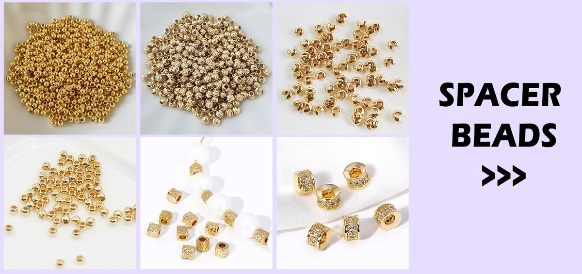Various piles and arrangements of gold-plated brass round spacer beads for jewelry making