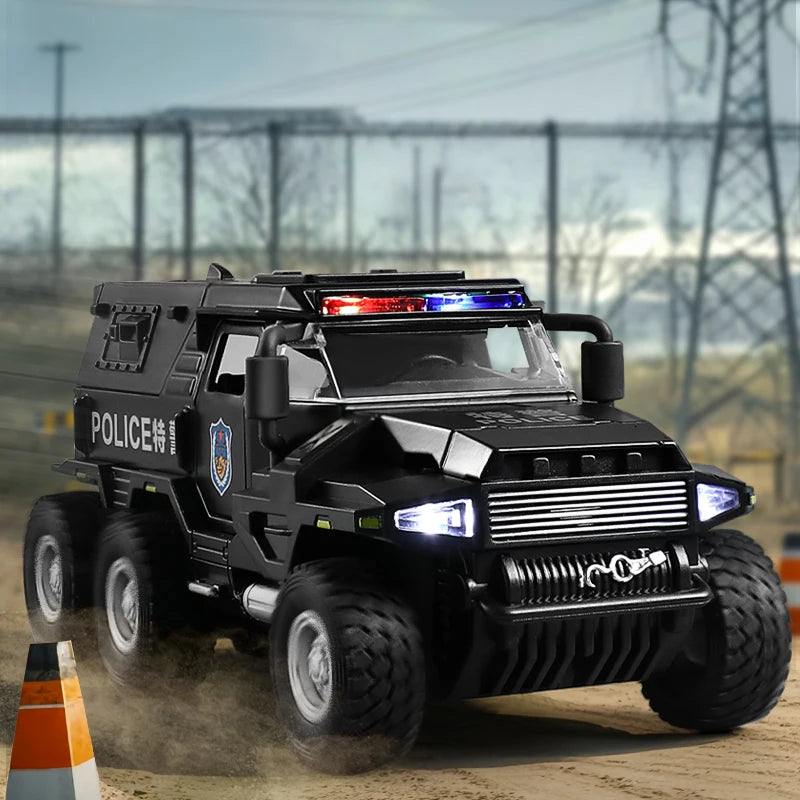 A black SWAT city police truck diecast toy with lights and sounds driving on a dirt road.