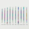 A set of ten colorful stainless steel clay sculpting tools shown vertically with varying lengths.