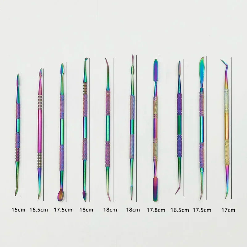 A set of ten colorful stainless steel clay sculpting tools shown vertically with varying lengths.