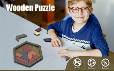 A young boy is looking at a wooden puzzle piece on a table, with various puzzle pieces visible nearby.