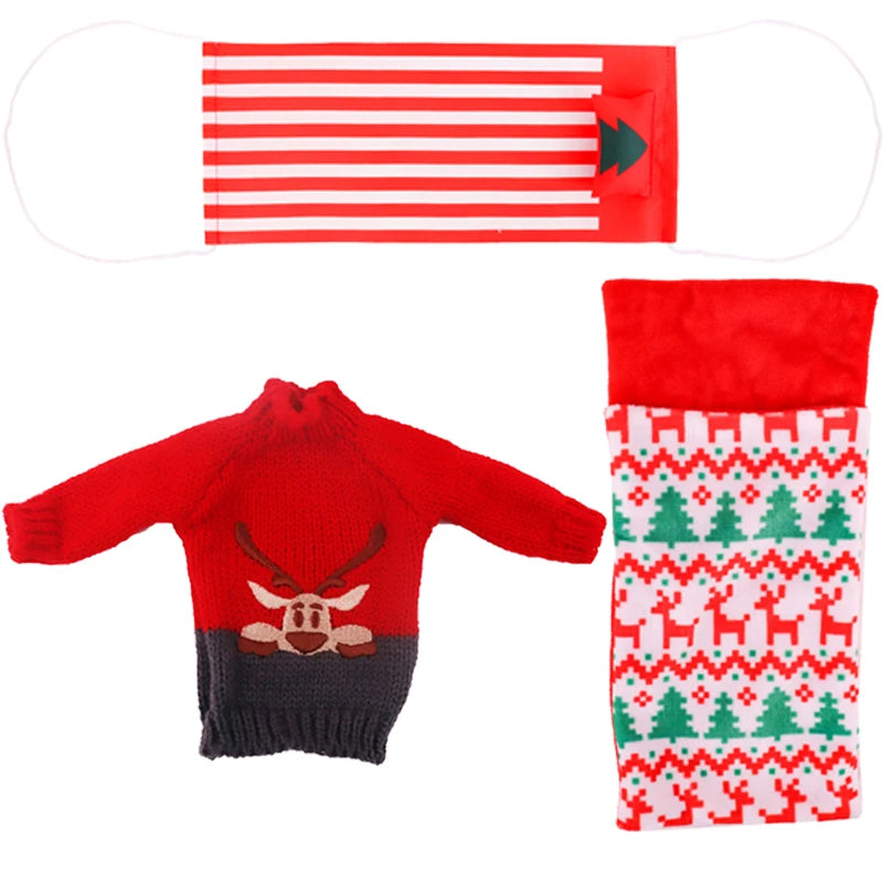 Rote gestrickte Elfenpuppe Pyjama und Hängematten-Set mit wildem Gesicht und festlichem Weihnachtsdesign.