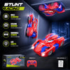 A red stunt racing remote control car is shown with various features like wall climbing and LED lights.