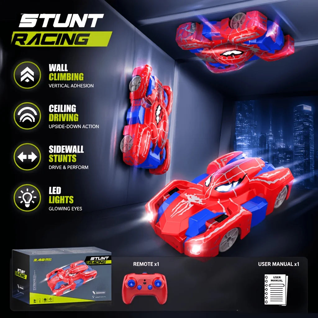 A red stunt racing remote control car is shown with various features like wall climbing and LED lights.