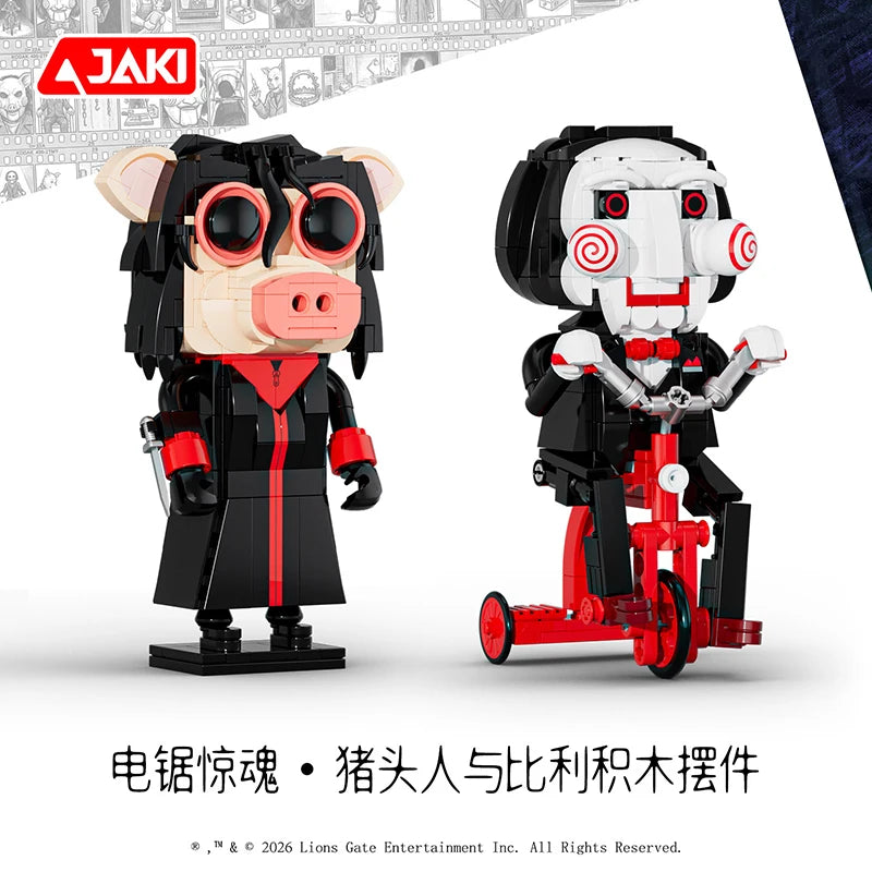A black and pink horror movie puppet model building set featuring a character with a recorder.