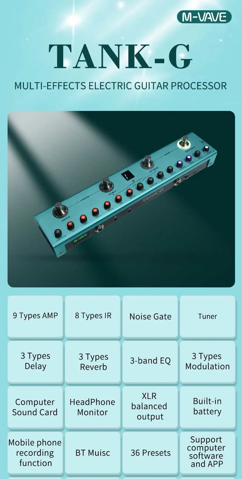 A close-up view of the M-Vave Tank-G multi-effects electric guitar processor with various controls and buttons.