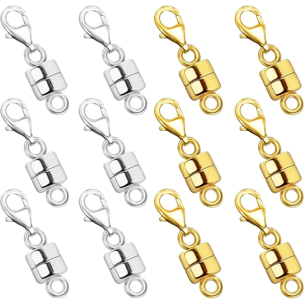 A collection of silver and gold magnetic jewelry clasps for necklaces and bracelets.