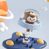 A set of three silicone suction cup spinner bath toys for babies, featuring a brown bear and yellow components.