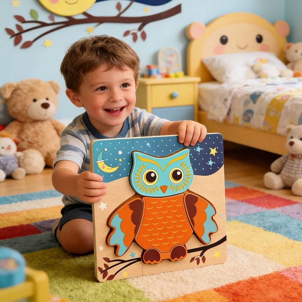 A child holds a wooden owl puzzle set featuring bright orange and blue colors on a colorful rug.