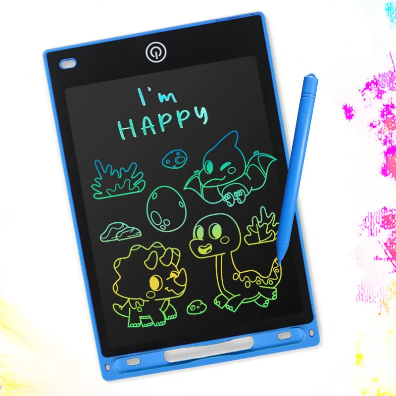A blue writing tablet screen displays the text I'm HAPPY and several green and yellow dinosaur and nature-themed drawings.