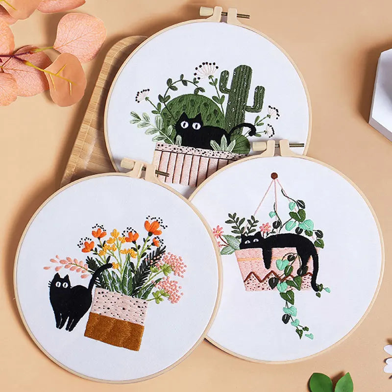 Beginner Embroidery Kit with Floral and Cat Patterns